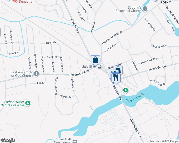 map of restaurants, bars, coffee shops, grocery stores, and more near 34 Sycamore Avenue in Little Silver