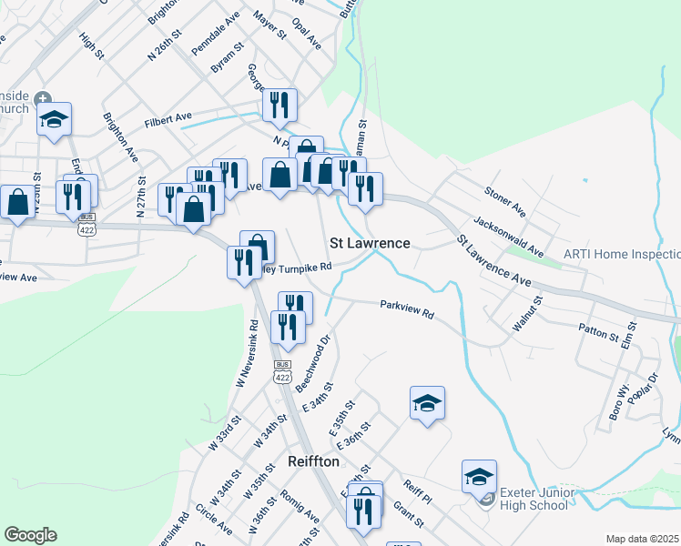 map of restaurants, bars, coffee shops, grocery stores, and more near 3102 Oley Turnpike Road in Reading
