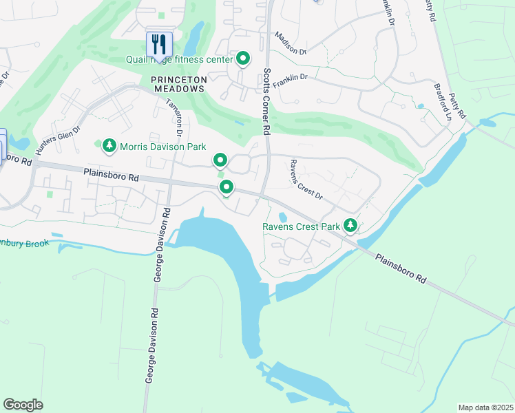 map of restaurants, bars, coffee shops, grocery stores, and more near 75 Ashford Drive in Princeton Meadows