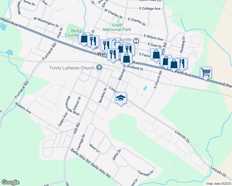 map of restaurants, bars, coffee shops, grocery stores, and more near 54 Lincoln Drive in Wernersville