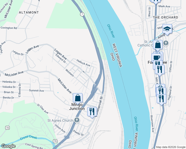 map of restaurants, bars, coffee shops, grocery stores, and more near 108 Holly Avenue in Mingo Junction
