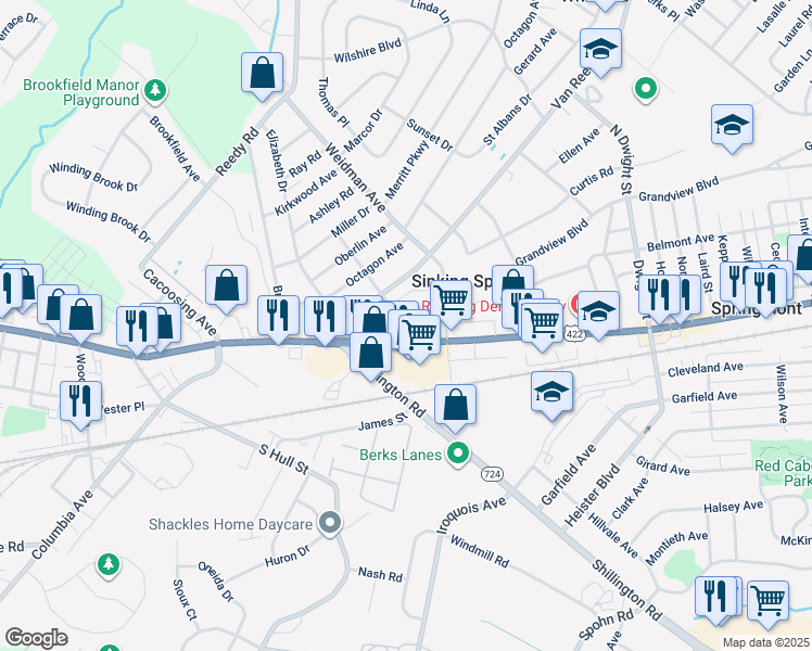 map of restaurants, bars, coffee shops, grocery stores, and more near 124 Spring Crest Boulevard in Sinking Spring