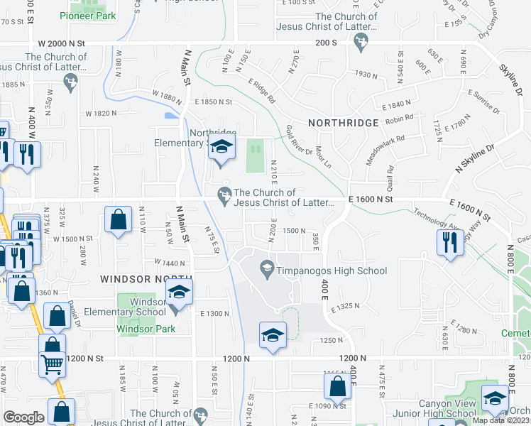 map of restaurants, bars, coffee shops, grocery stores, and more near 182 1570 North in Orem