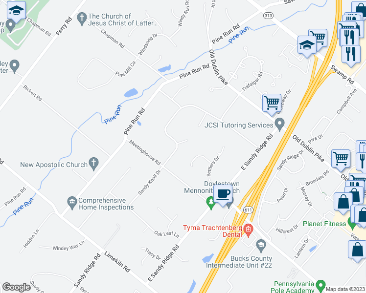map of restaurants, bars, coffee shops, grocery stores, and more near 218 Larch Circle in Doylestown