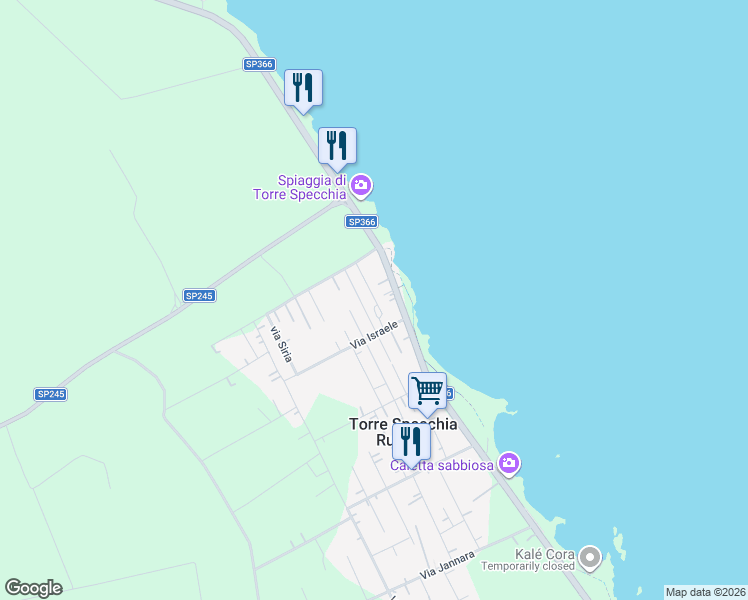 map of restaurants, bars, coffee shops, grocery stores, and more near 63 SP366 in Torre Specchia Ruggeri