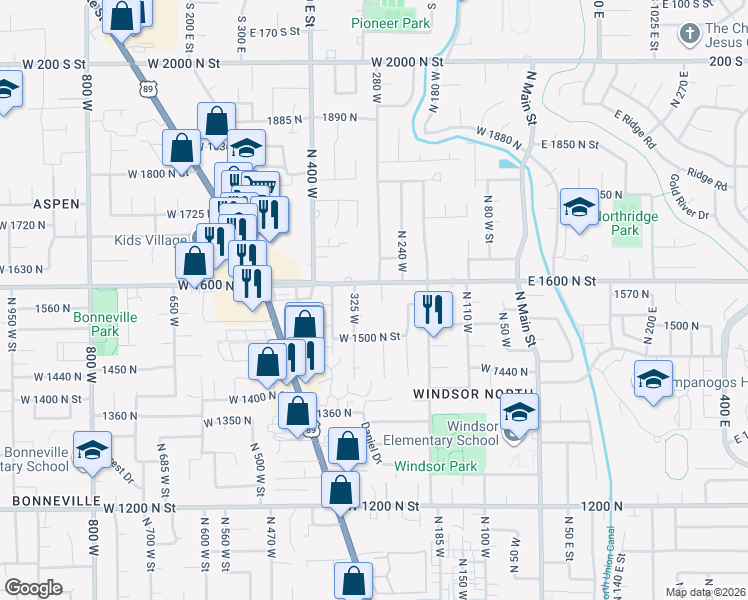 map of restaurants, bars, coffee shops, grocery stores, and more near 1547 North 275 West Street in Orem