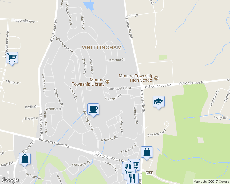 map of restaurants, bars, coffee shops, grocery stores, and more near 77B Winthrop Road in Monroe Township