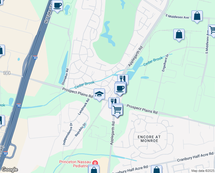 map of restaurants, bars, coffee shops, grocery stores, and more near 406A Oxford Lane in Monroe Township