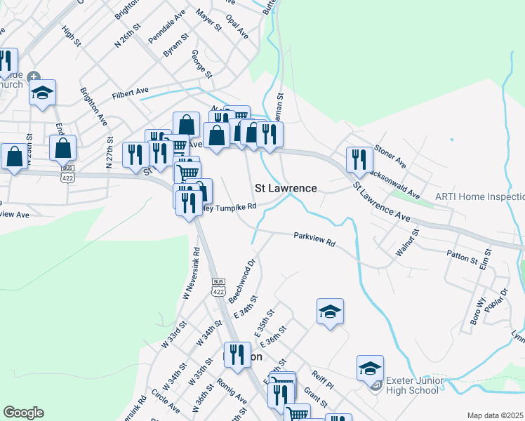 map of restaurants, bars, coffee shops, grocery stores, and more near 3102 Oley Turnpike Road in Reading