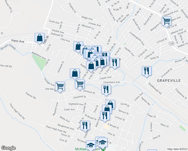 map of restaurants, bars, coffee shops, grocery stores, and more near 314 Bullitt Ave in Jeannette