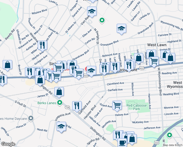 map of restaurants, bars, coffee shops, grocery stores, and more near 3305 Penn Avenue in West Lawn