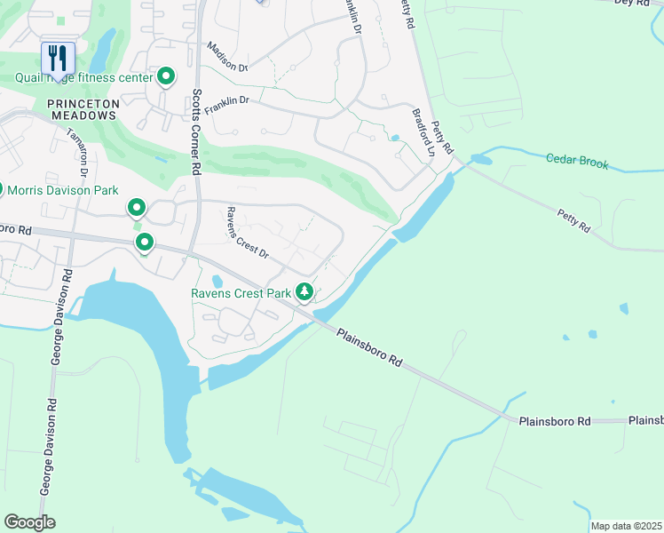 map of restaurants, bars, coffee shops, grocery stores, and more near 704 Ravens Crest Drive in Princeton Meadows