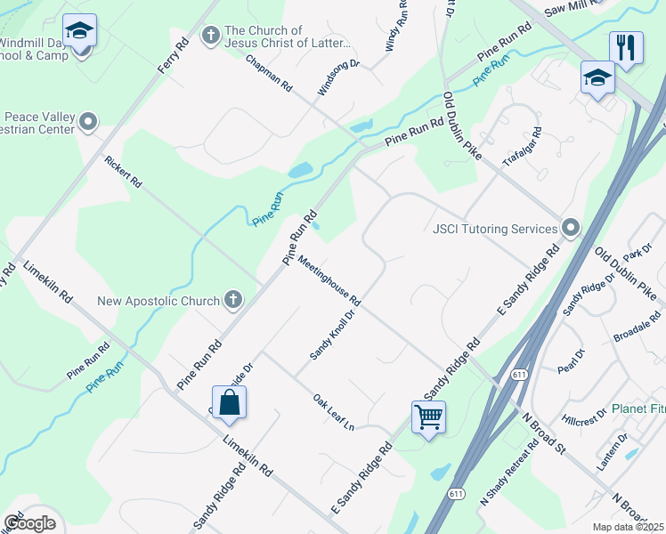 map of restaurants, bars, coffee shops, grocery stores, and more near 157 Meetinghouse Road in Doylestown