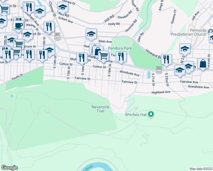 map of restaurants, bars, coffee shops, grocery stores, and more near 626 South 18th Street in Reading