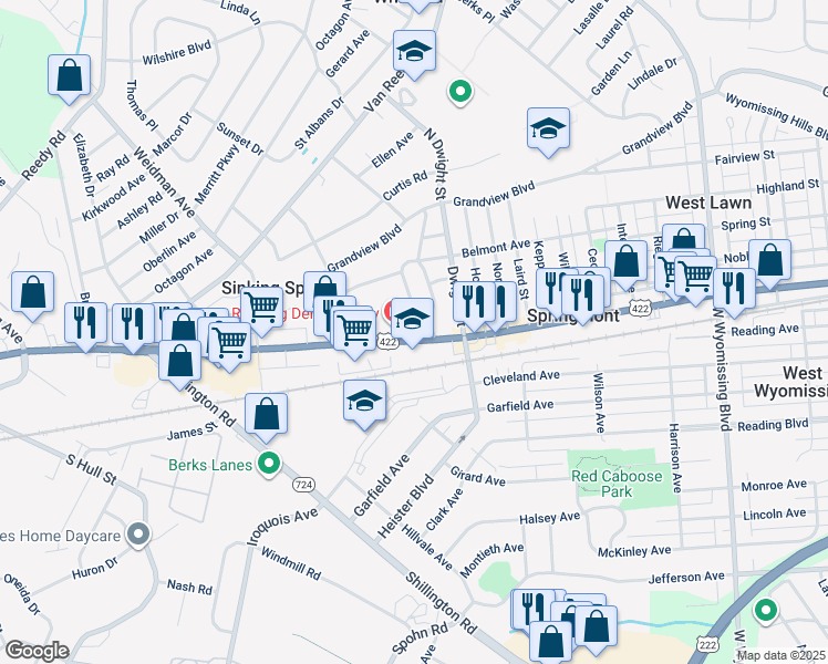map of restaurants, bars, coffee shops, grocery stores, and more near 3305 Penn Avenue in West Lawn