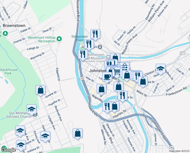 map of restaurants, bars, coffee shops, grocery stores, and more near in Johnstown