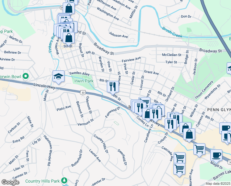 map of restaurants, bars, coffee shops, grocery stores, and more near 611 10th Street in Irwin