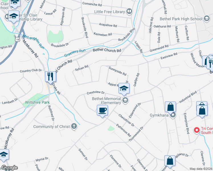 map of restaurants, bars, coffee shops, grocery stores, and more near 3309 Appel Road in Bethel Park