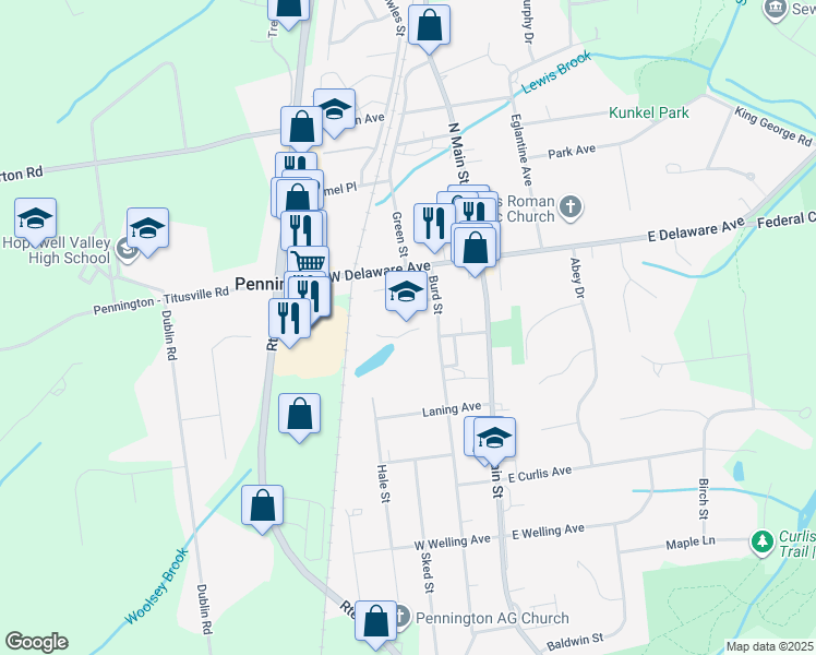 map of restaurants, bars, coffee shops, grocery stores, and more near 112 West Delaware Avenue in Pennington