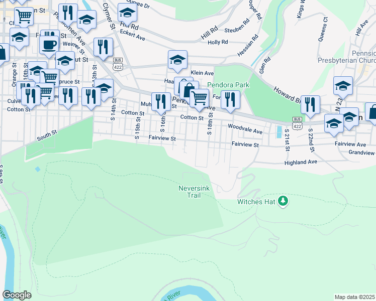 map of restaurants, bars, coffee shops, grocery stores, and more near 631 South 17th Street in Reading