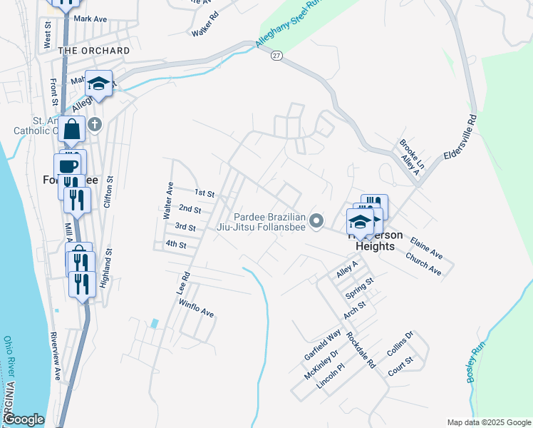 map of restaurants, bars, coffee shops, grocery stores, and more near 110 Wildwood Drive in Follansbee
