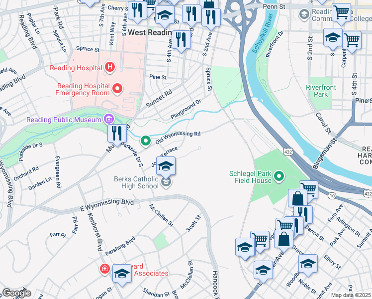 map of restaurants, bars, coffee shops, grocery stores, and more near 747 Summit Chase Drive in Reading