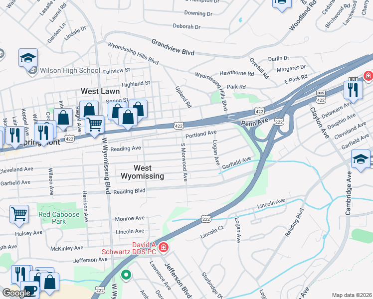 map of restaurants, bars, coffee shops, grocery stores, and more near 110 South Morwood Avenue in West Lawn