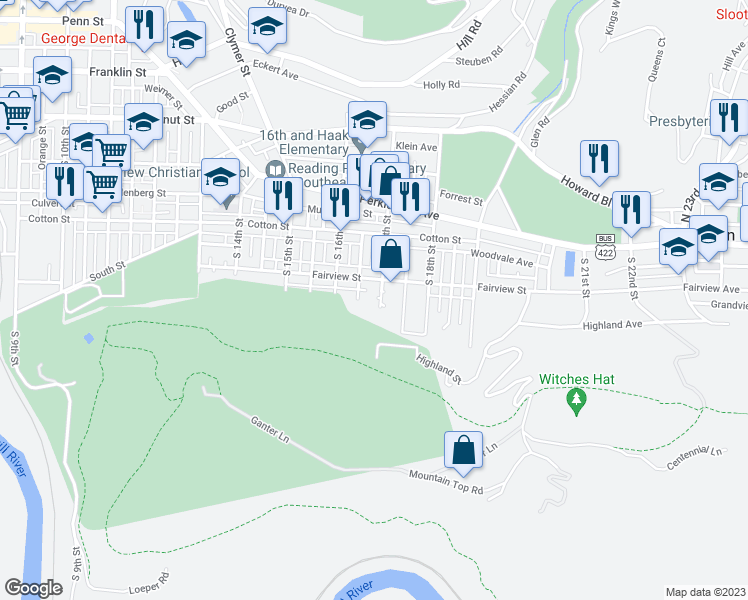 map of restaurants, bars, coffee shops, grocery stores, and more near 634 South 17th Street in Reading