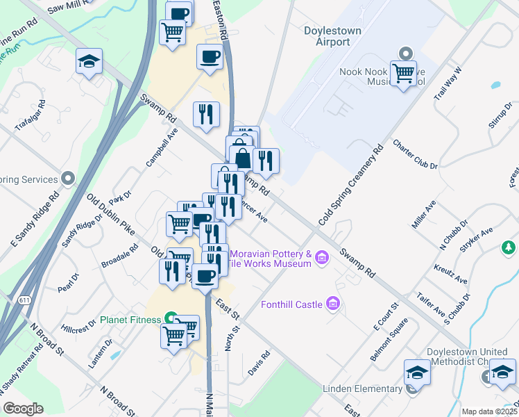 map of restaurants, bars, coffee shops, grocery stores, and more near 33 Mercer Avenue in Doylestown