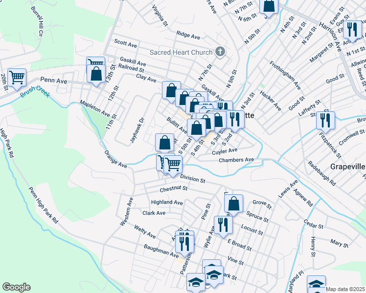 map of restaurants, bars, coffee shops, grocery stores, and more near 327 South 5th Street in Jeannette