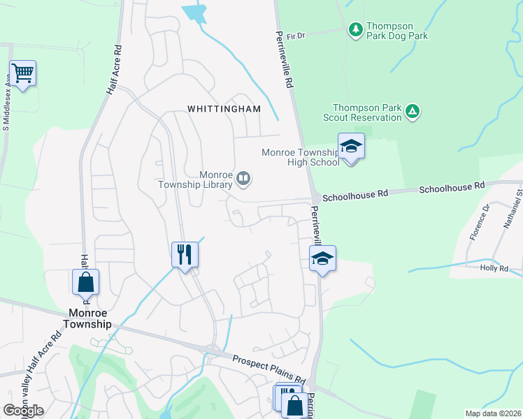 map of restaurants, bars, coffee shops, grocery stores, and more near 77B Winthrop Road in Monroe Township
