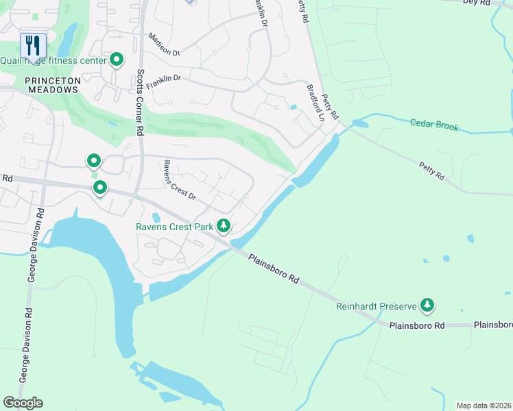 map of restaurants, bars, coffee shops, grocery stores, and more near 805 Ravens Crest Drive in Plainsboro Township