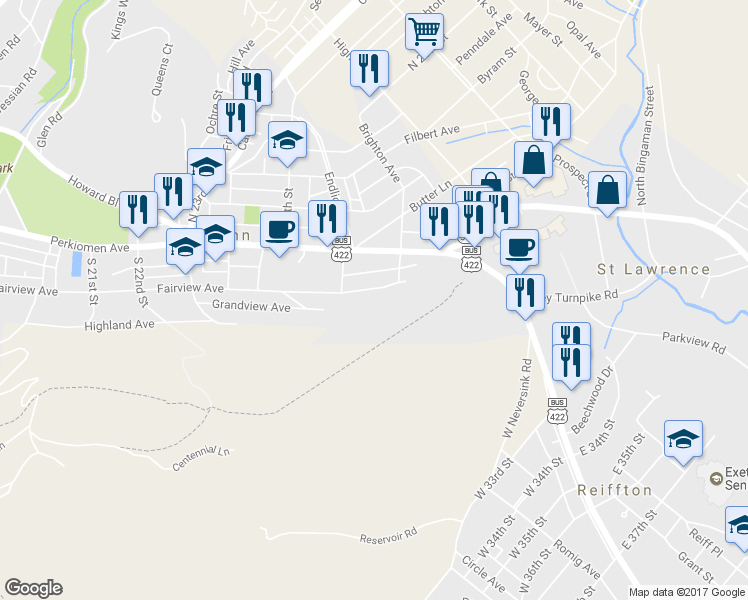 map of restaurants, bars, coffee shops, grocery stores, and more near 2626 Fairview Avenue in Reading