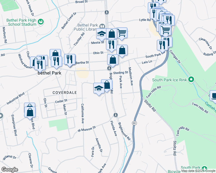 map of restaurants, bars, coffee shops, grocery stores, and more near 5365 Florida Ave in Bethel Park