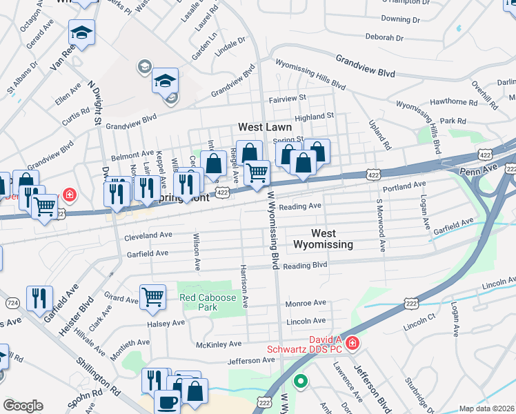 map of restaurants, bars, coffee shops, grocery stores, and more near 2300 Reading Avenue in West Lawn