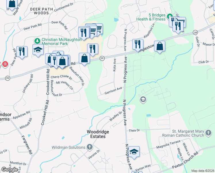 map of restaurants, bars, coffee shops, grocery stores, and more near 2425 Jericho Drive in Harrisburg