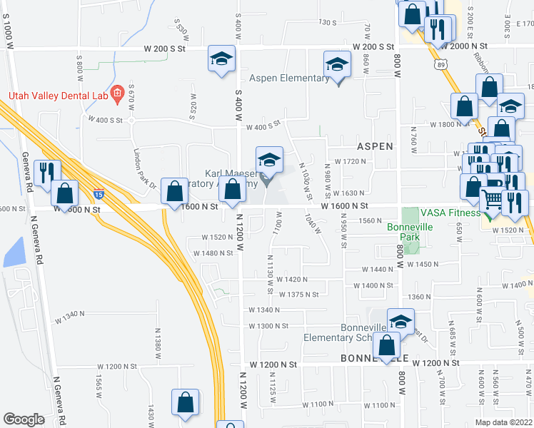 map of restaurants, bars, coffee shops, grocery stores, and more near 1584 N 1150 W in Orem