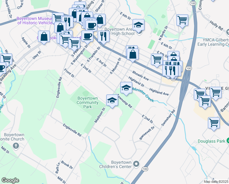 map of restaurants, bars, coffee shops, grocery stores, and more near 380 South Madison Street in Boyertown