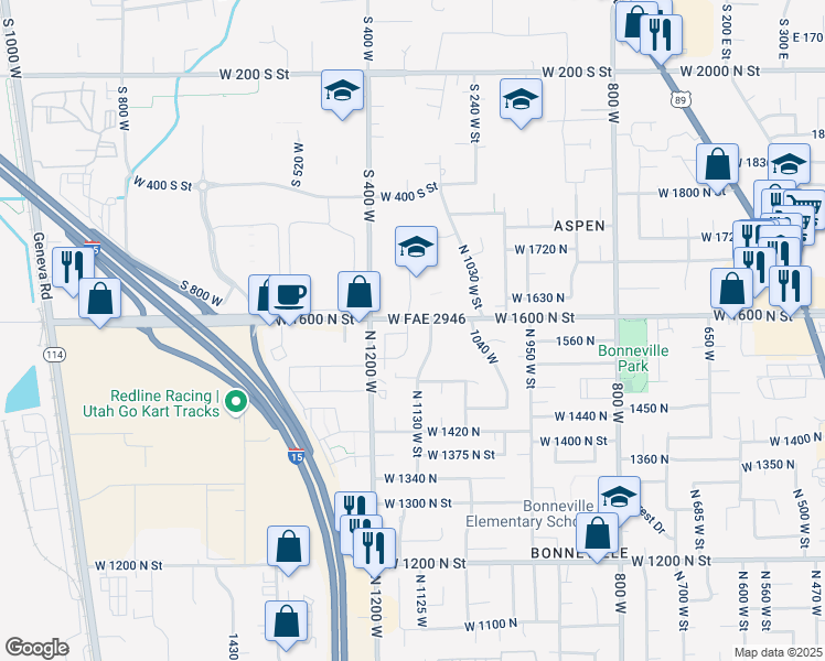 map of restaurants, bars, coffee shops, grocery stores, and more near 1584 N 1150 W in Orem