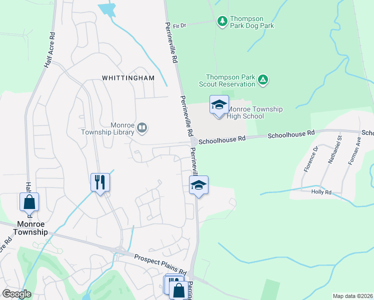 map of restaurants, bars, coffee shops, grocery stores, and more near 67H Winthrop Road in Monroe Township