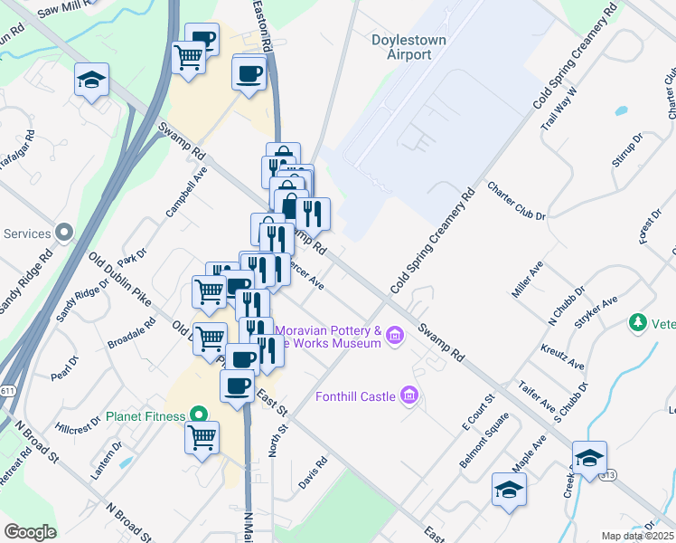 map of restaurants, bars, coffee shops, grocery stores, and more near 64 East Swamp Road in Doylestown