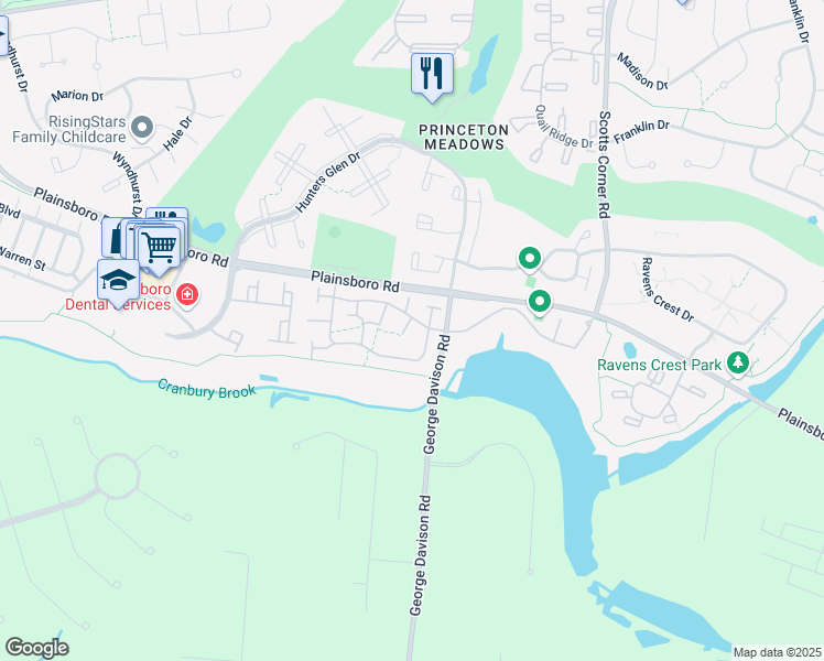 map of restaurants, bars, coffee shops, grocery stores, and more near 47 Tennyson Drive in Princeton Meadows