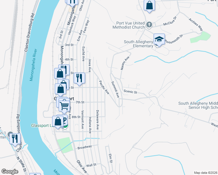 map of restaurants, bars, coffee shops, grocery stores, and more near 608 Juniata Street in Glassport