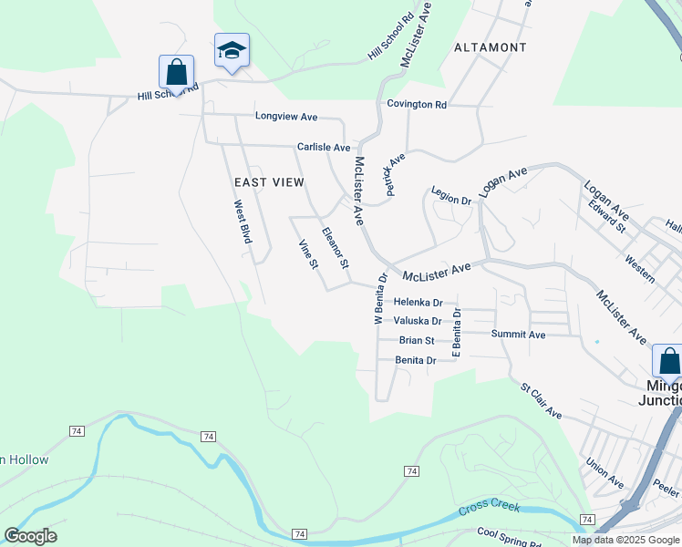 map of restaurants, bars, coffee shops, grocery stores, and more near 221 Eleanor Street in Mingo Junction