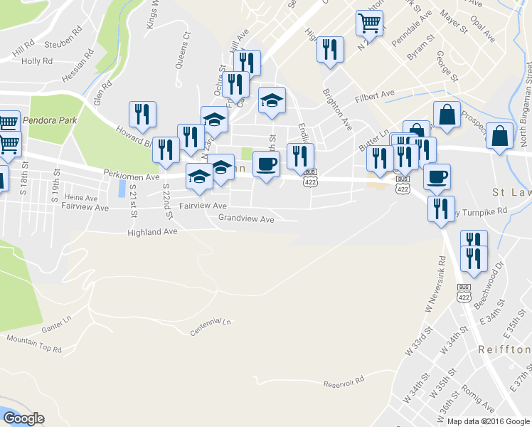 map of restaurants, bars, coffee shops, grocery stores, and more near 100 South 25th Street in Reading