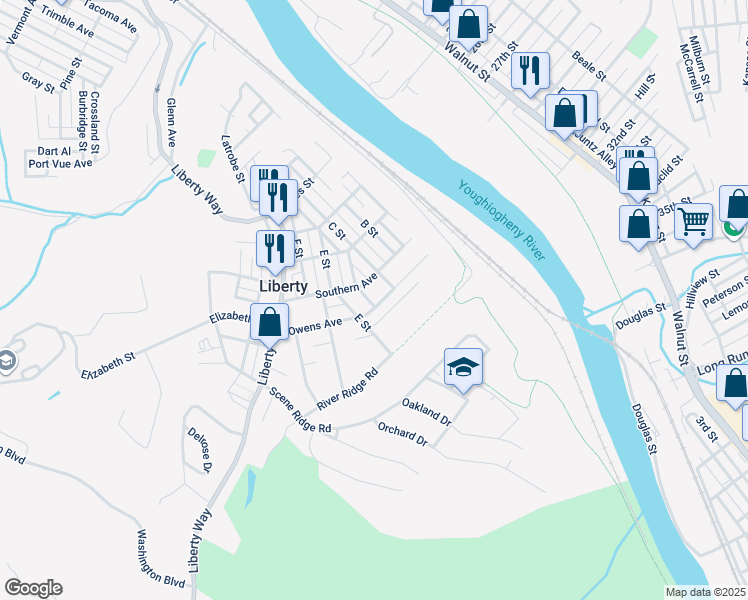 map of restaurants, bars, coffee shops, grocery stores, and more near 310 Owens Avenue in McKeesport