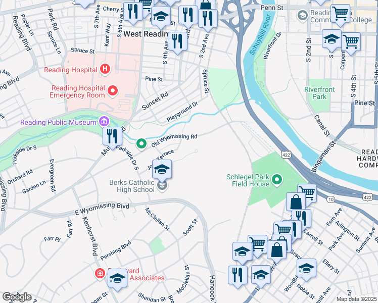 map of restaurants, bars, coffee shops, grocery stores, and more near 733 Summit Chase Drive in Reading