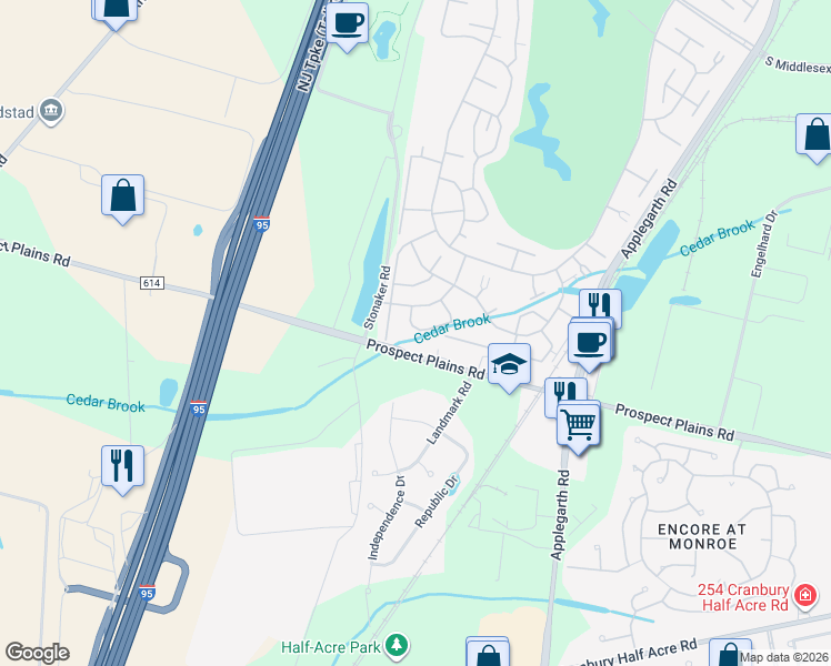 map of restaurants, bars, coffee shops, grocery stores, and more near 455A Roxbury Lane in Monroe Township