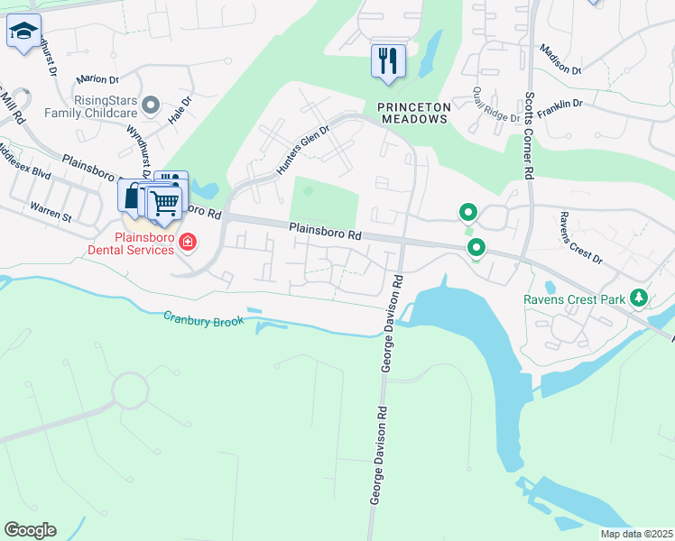 map of restaurants, bars, coffee shops, grocery stores, and more near 80 Thoreau Drive in Plainsboro Township