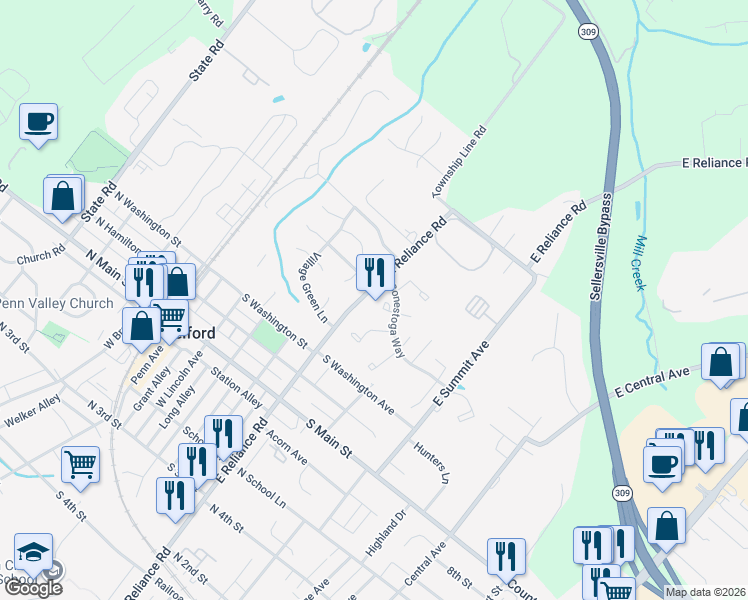 map of restaurants, bars, coffee shops, grocery stores, and more near 371 East Reliance Road in Telford
